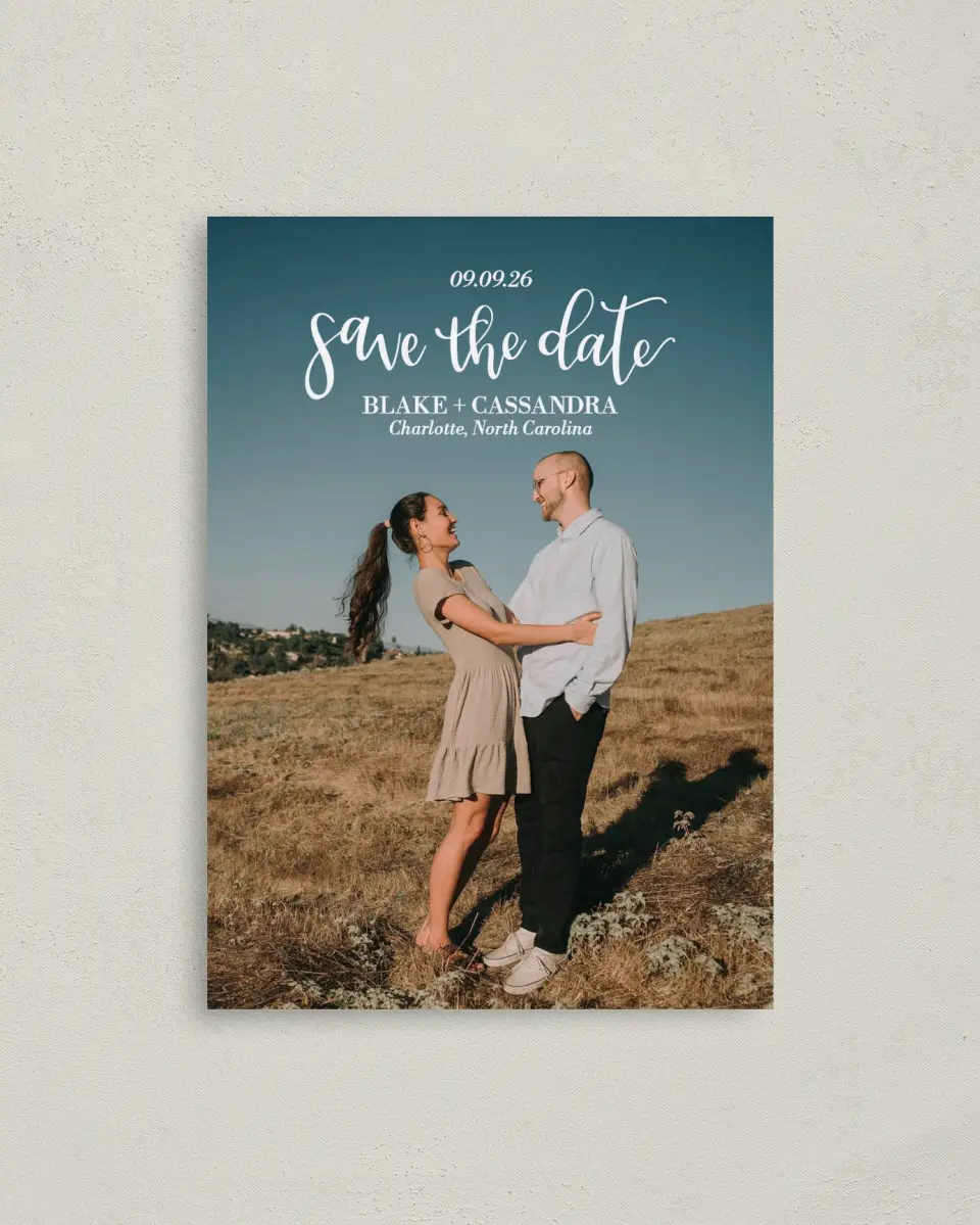 This is a 4" x 5.6" Save the Date Postcard called Marry Magic printed in full color with Rose Gold foil on Soft Touch Finish paper