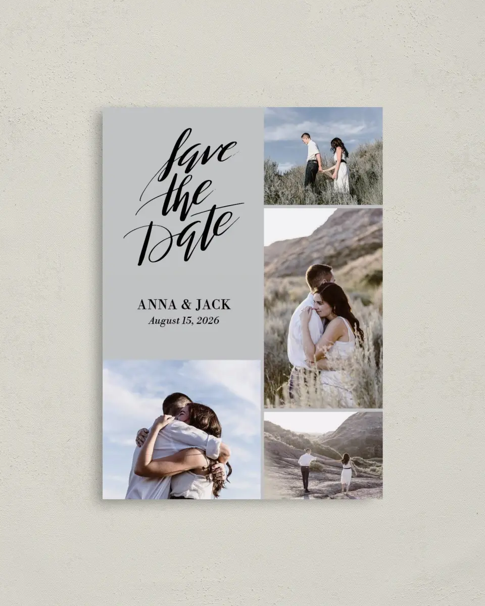 This is a 4" x 5.6" Save the Date Postcard called Carefree Love printed in full color on Soft Touch Finish paper