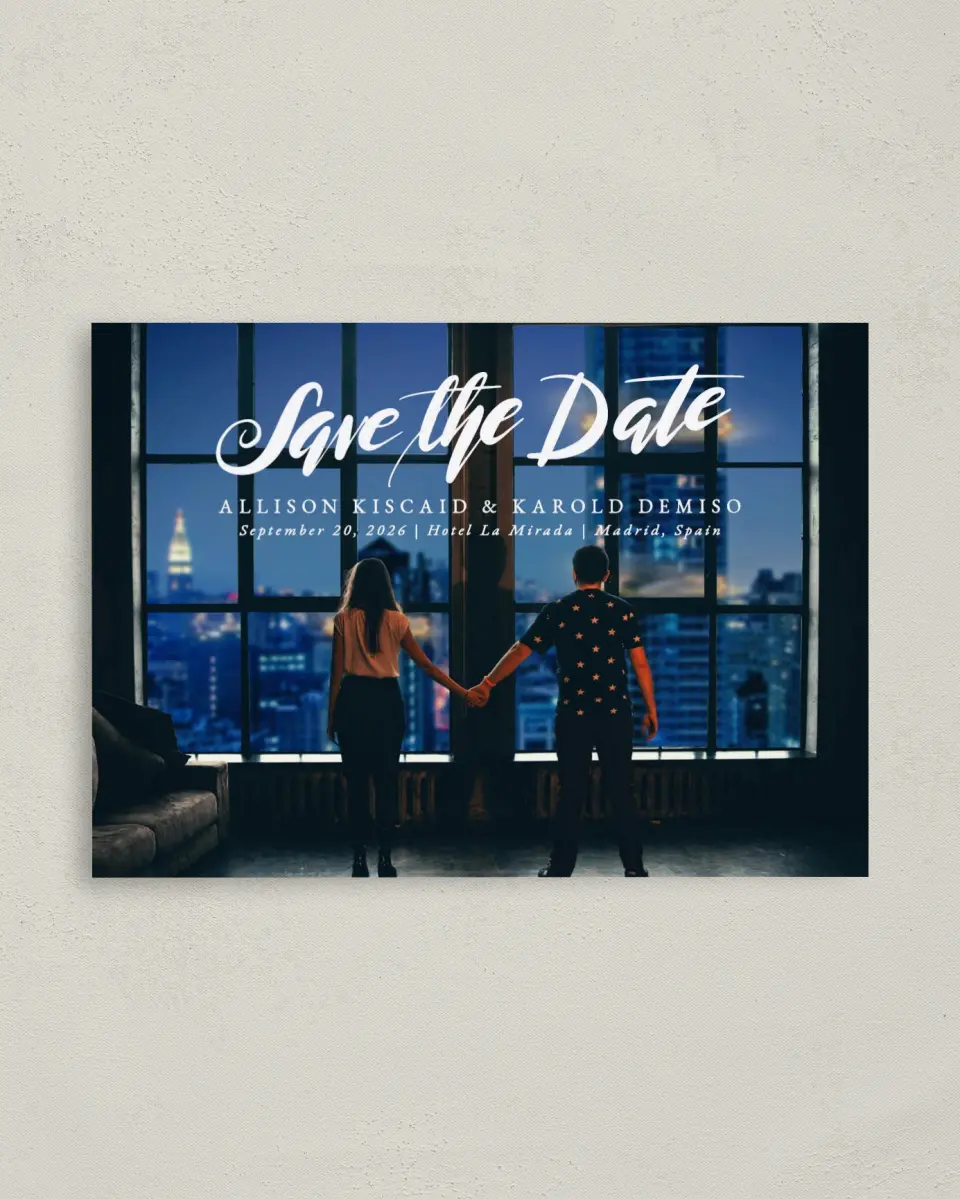 This is a 4" x 5.6" Save the Date Postcard called Midnight Reflection printed in full color on Soft Touch Finish paper