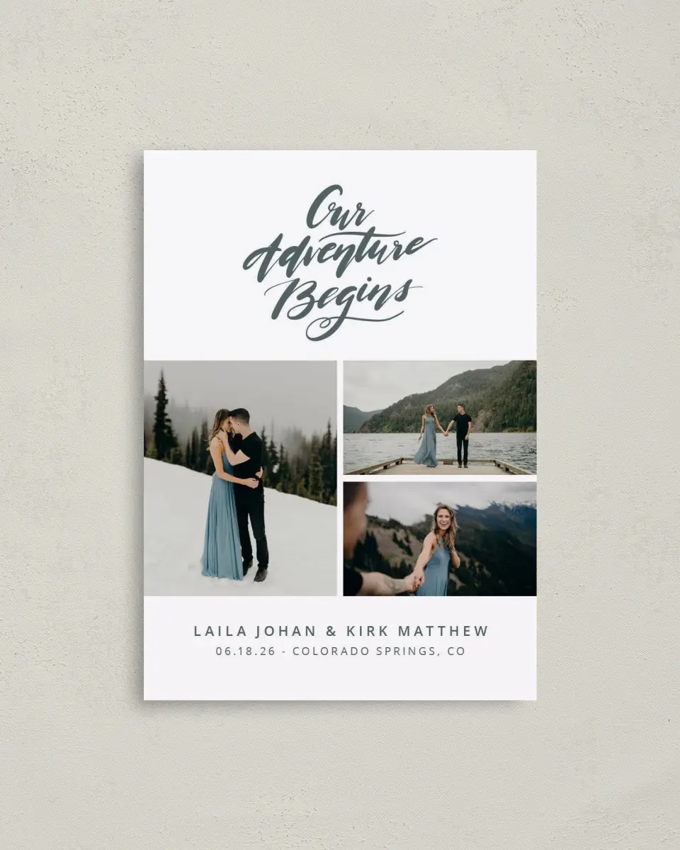 This is a 4" x 5.6" Save the Date Postcard called Dream Adventure printed in full color on Soft Touch Finish paper