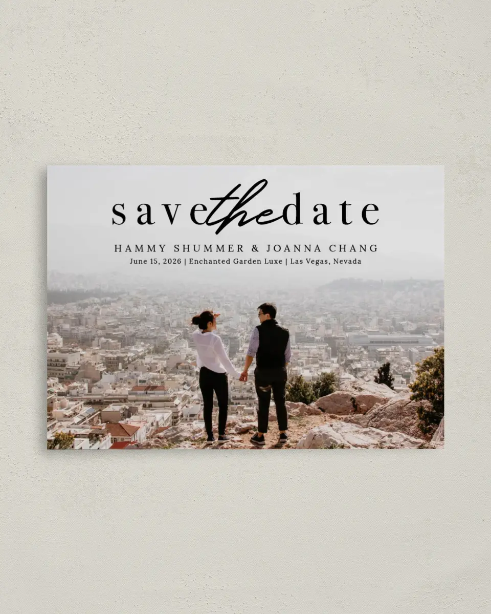 This is a 4" x 5.6" Save the Date Postcard called Scenic Whisper printed in full color on Soft Touch Finish paper
