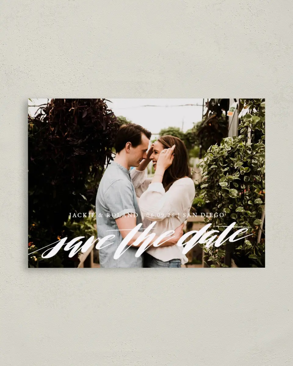 This is a 4" x 5.6" Save the Date Postcard called Destination Dream printed in full color on Soft Touch Finish paper