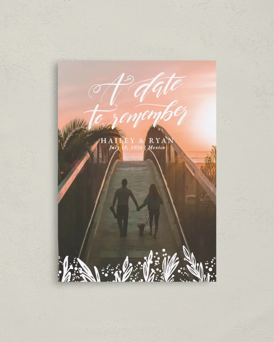 This is a 4" x 5.6" Save the Date Postcard called Sunset Dream printed in full color with Rose Gold foil on Soft Touch Finish paper