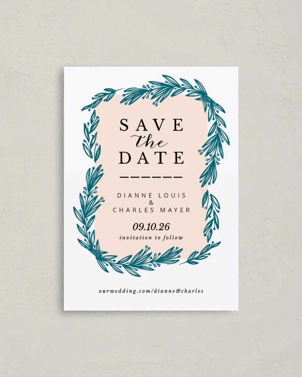 This is a 4" x 5.6" Save the Date Postcard called Lovely Leaves printed in full color with Rose Gold foil on Soft Touch Finish paper