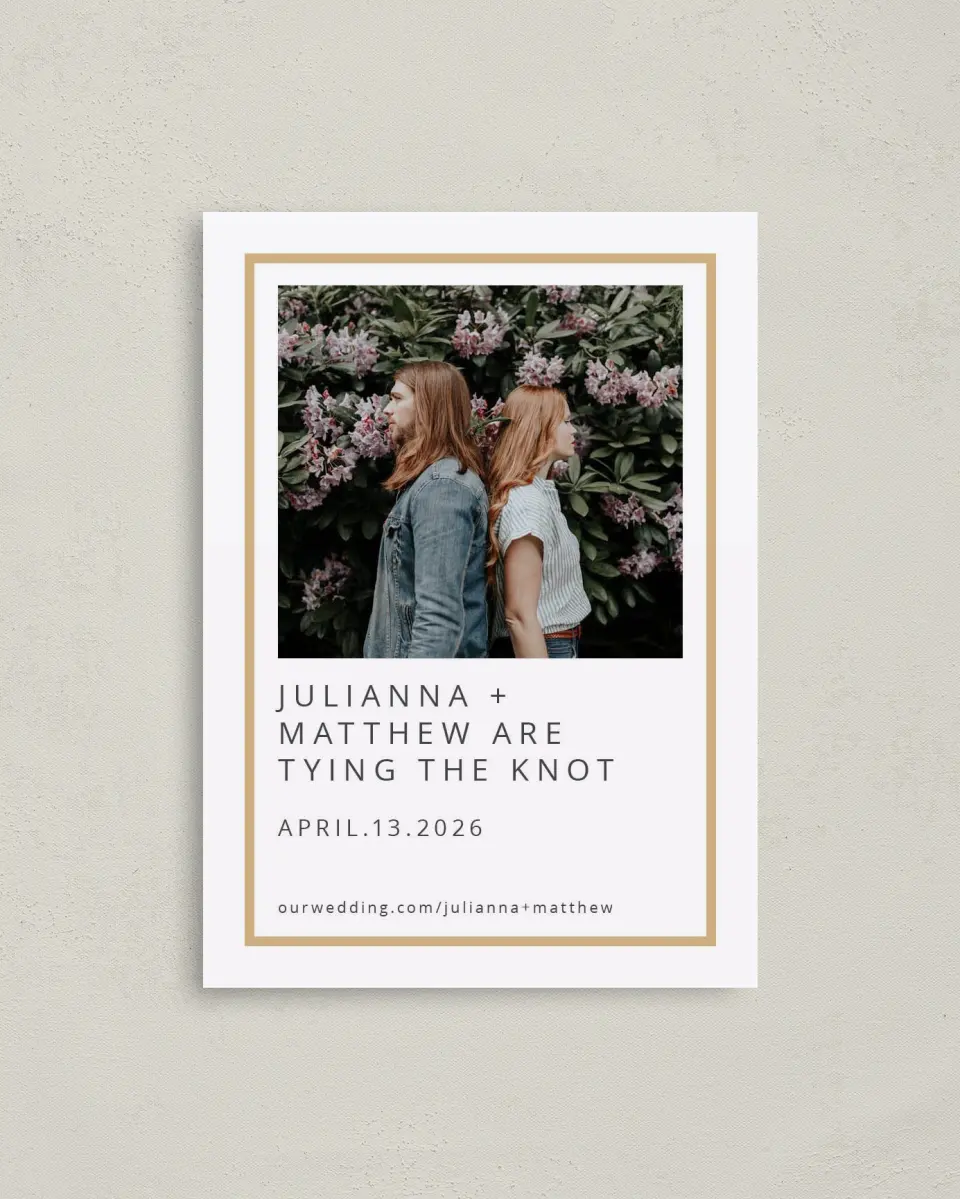 This is a 4" x 5.6" Save the Date Postcard called Tying the Knot printed in full color on Soft Touch Finish paper
