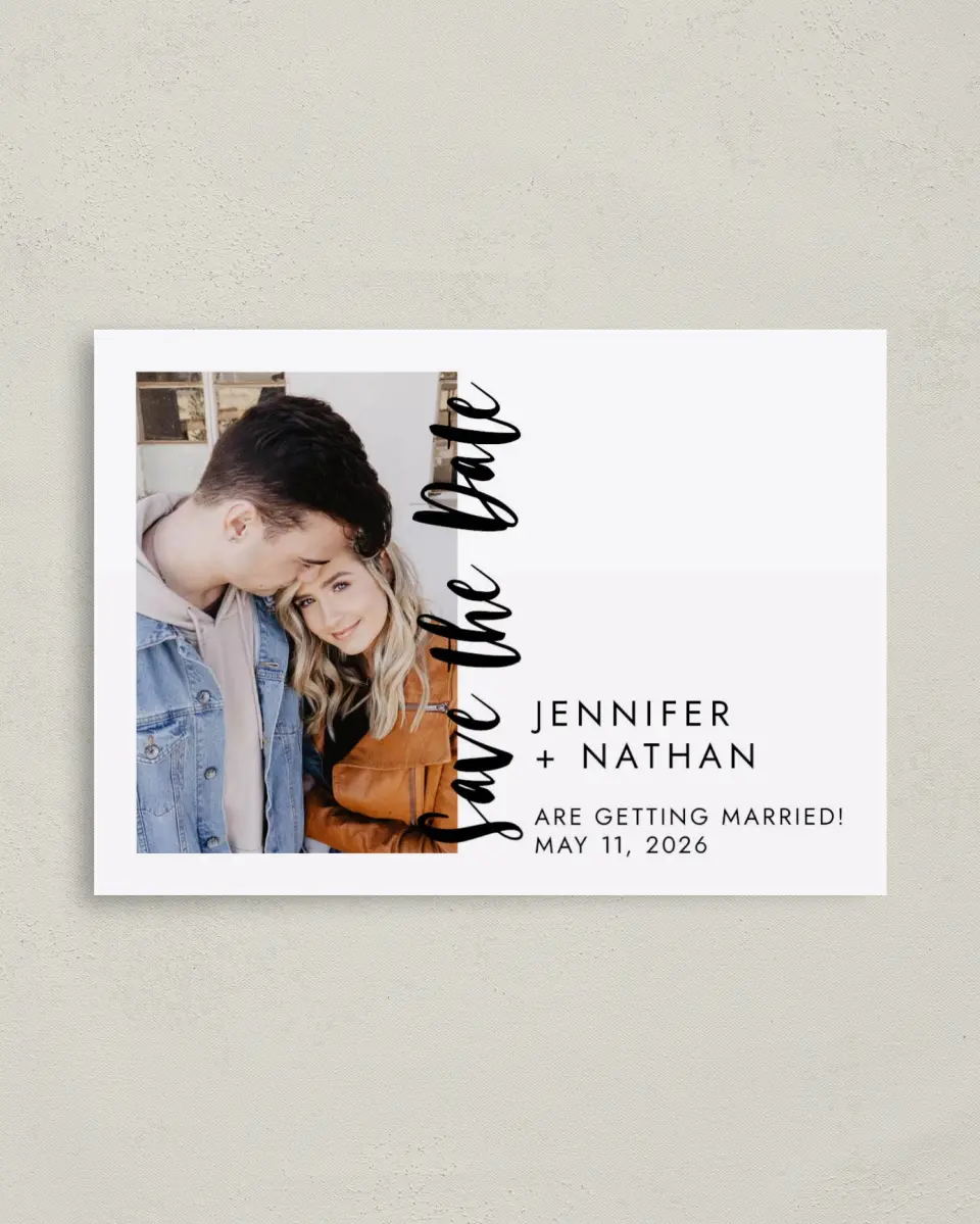 This is a 4" x 5.6" Save the Date Postcard called Be There printed in full color on Soft Touch Finish paper