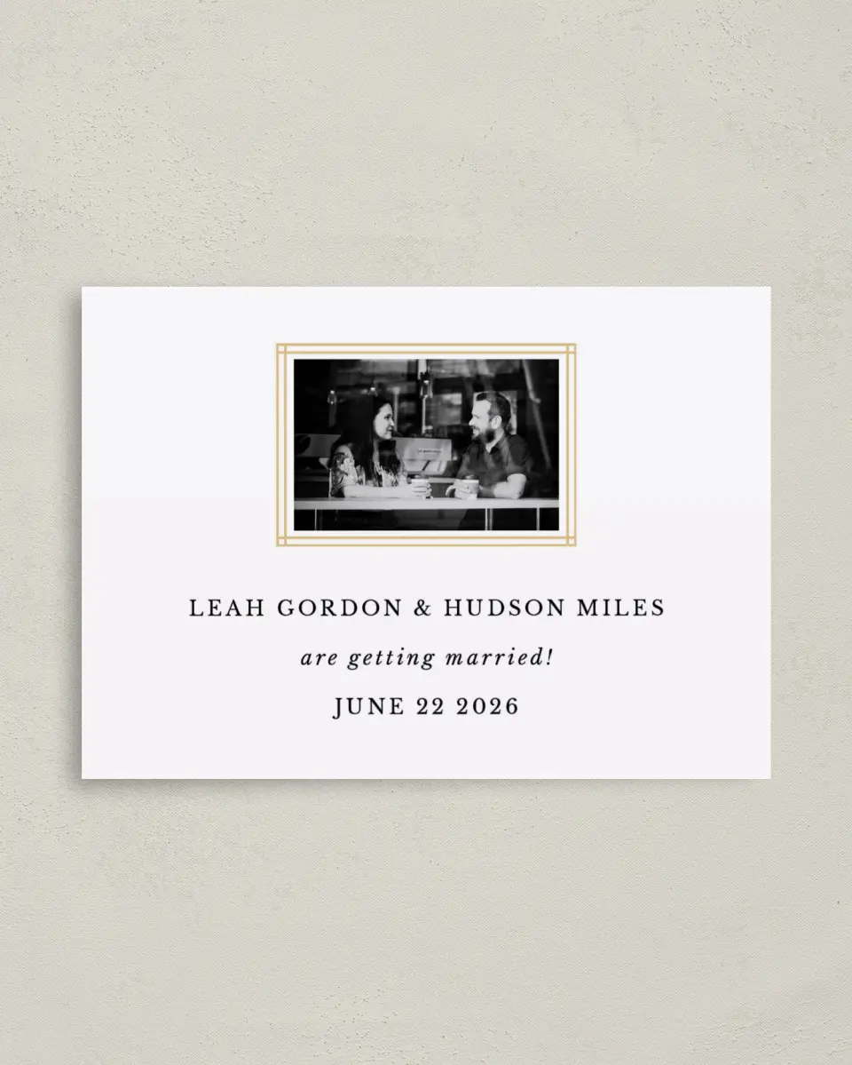 This is a 4" x 5.6" Save the Date Postcard called Perfectly Framed printed in full color on Soft Touch Finish paper