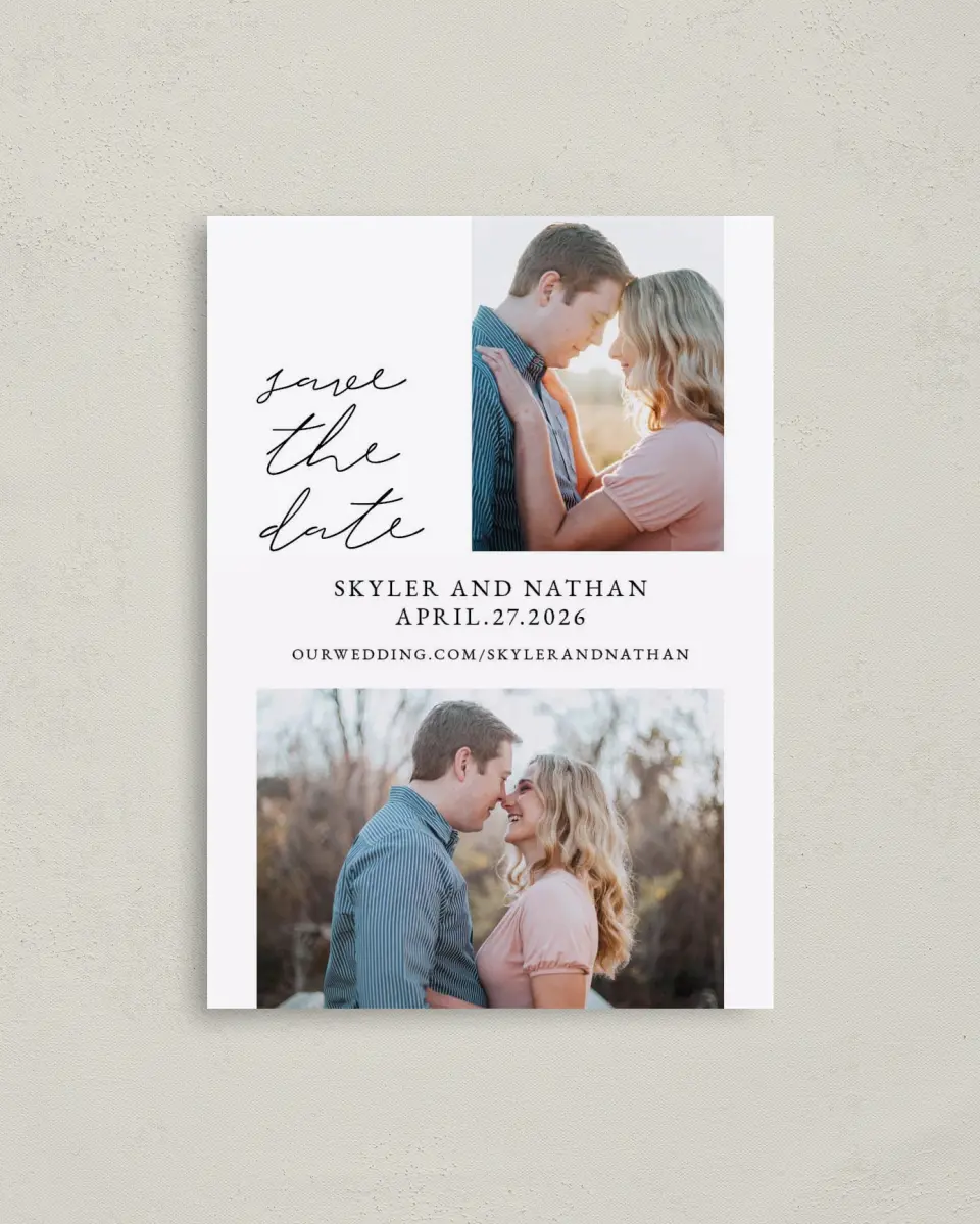 This is a 4" x 5.6" Save the Date Postcard called Double Take printed in full color with Rose Gold foil on Soft Touch Finish paper