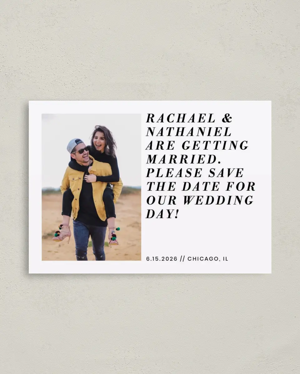 This is a 4" x 5.6" Save the Date Postcard called Checkmate printed in full color on Soft Touch Finish paper