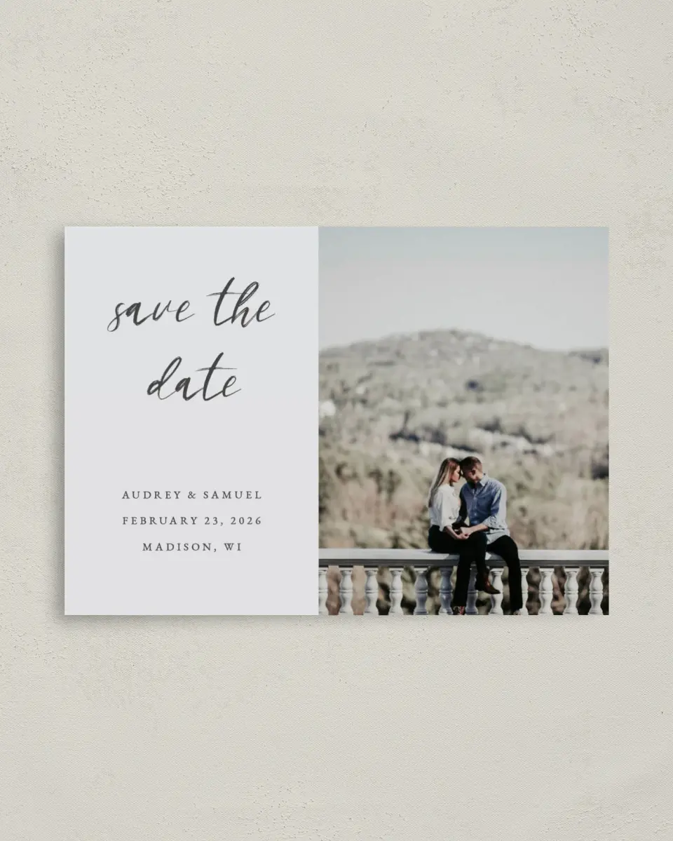 This is a 4" x 5.6" Save the Date Postcard called Majestic Moment printed in full color on Soft Touch Finish paper