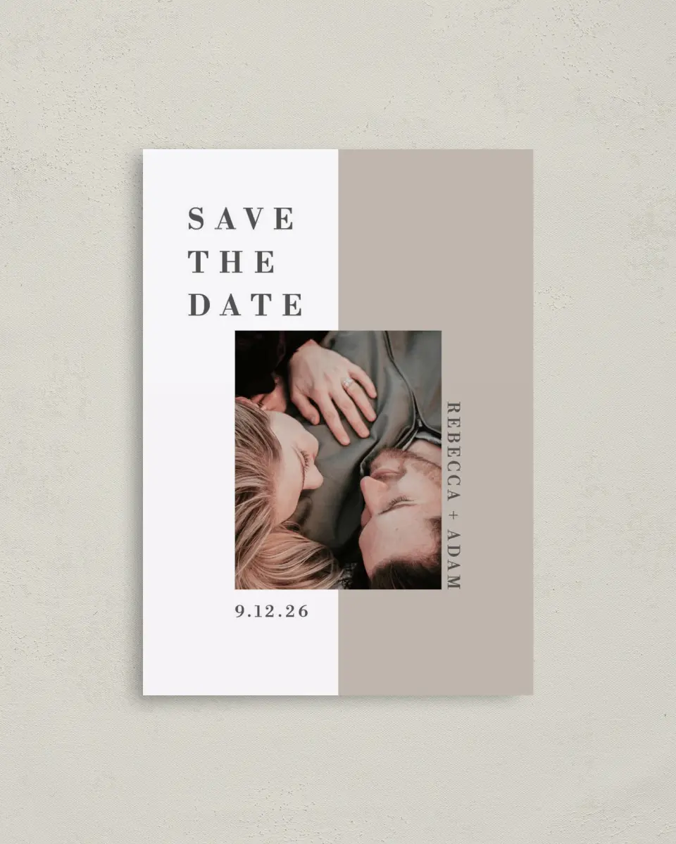 This is a 4" x 5.6" Save the Date Postcard called Merging Love printed in full color on Soft Touch Finish paper