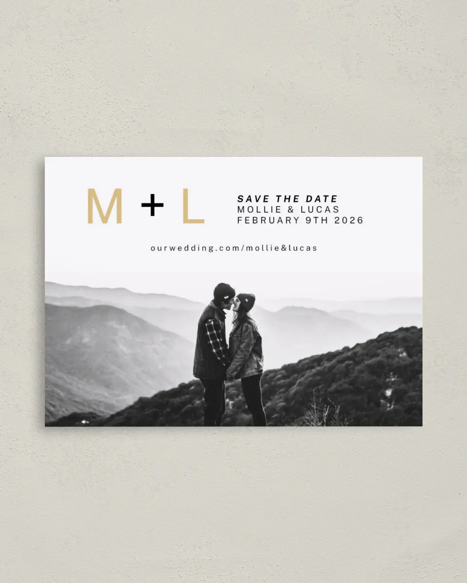 This is a 4" x 5.6" Save the Date Postcard called New Initials printed in full color on Soft Touch Finish paper