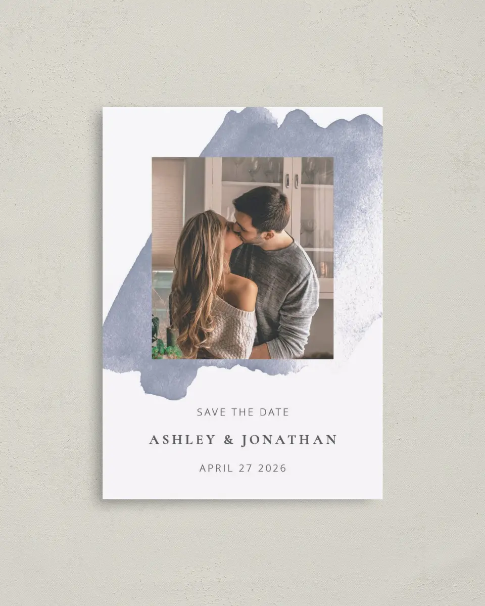 This is a 4" x 5.6" Save the Date Postcard called Stroke of Luck printed in full color on Soft Touch Finish paper
