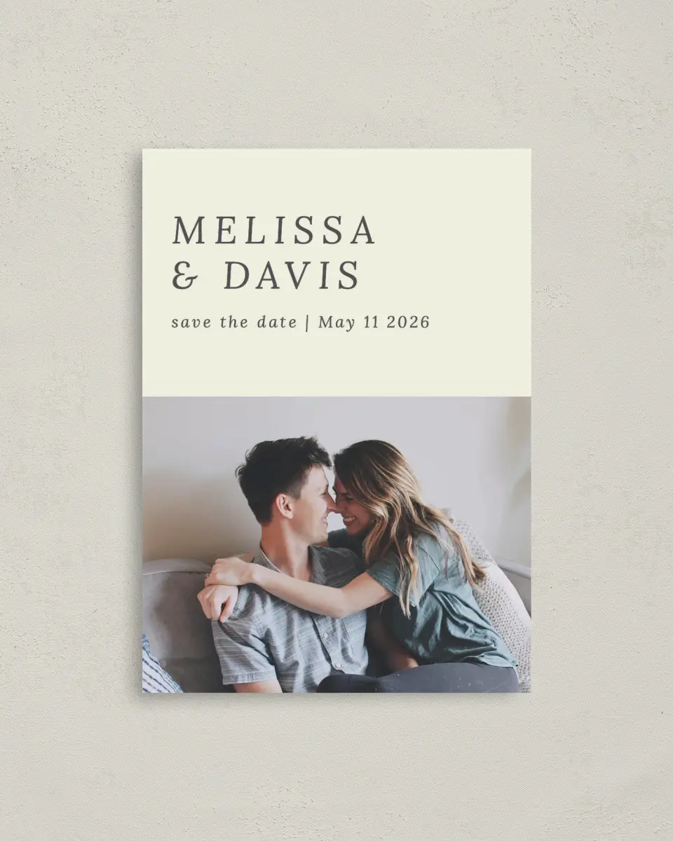 This is a 4" x 5.6" Save the Date Postcard called Snuggle Together printed in full color with Rose Gold foil on Soft Touch Finish paper