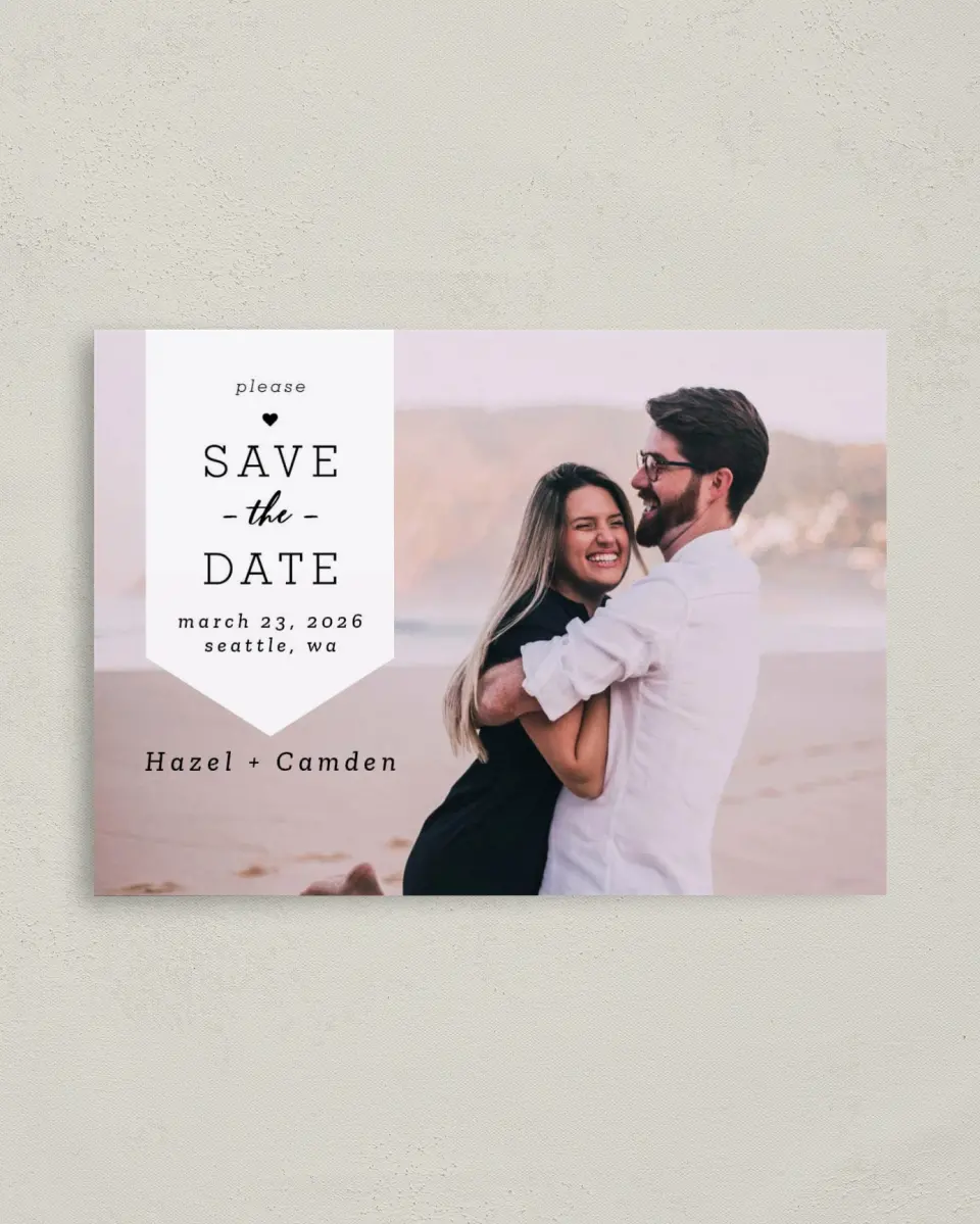 This is a 4" x 5.6" Save the Date Postcard called Come Together printed in full color on Soft Touch Finish paper