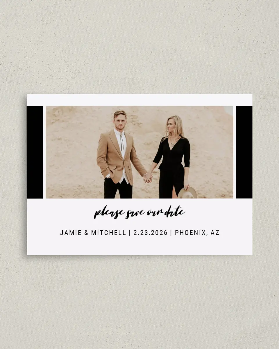 This is a 4" x 5.6" Save the Date Postcard called Stately Event printed in full color on Soft Touch Finish paper