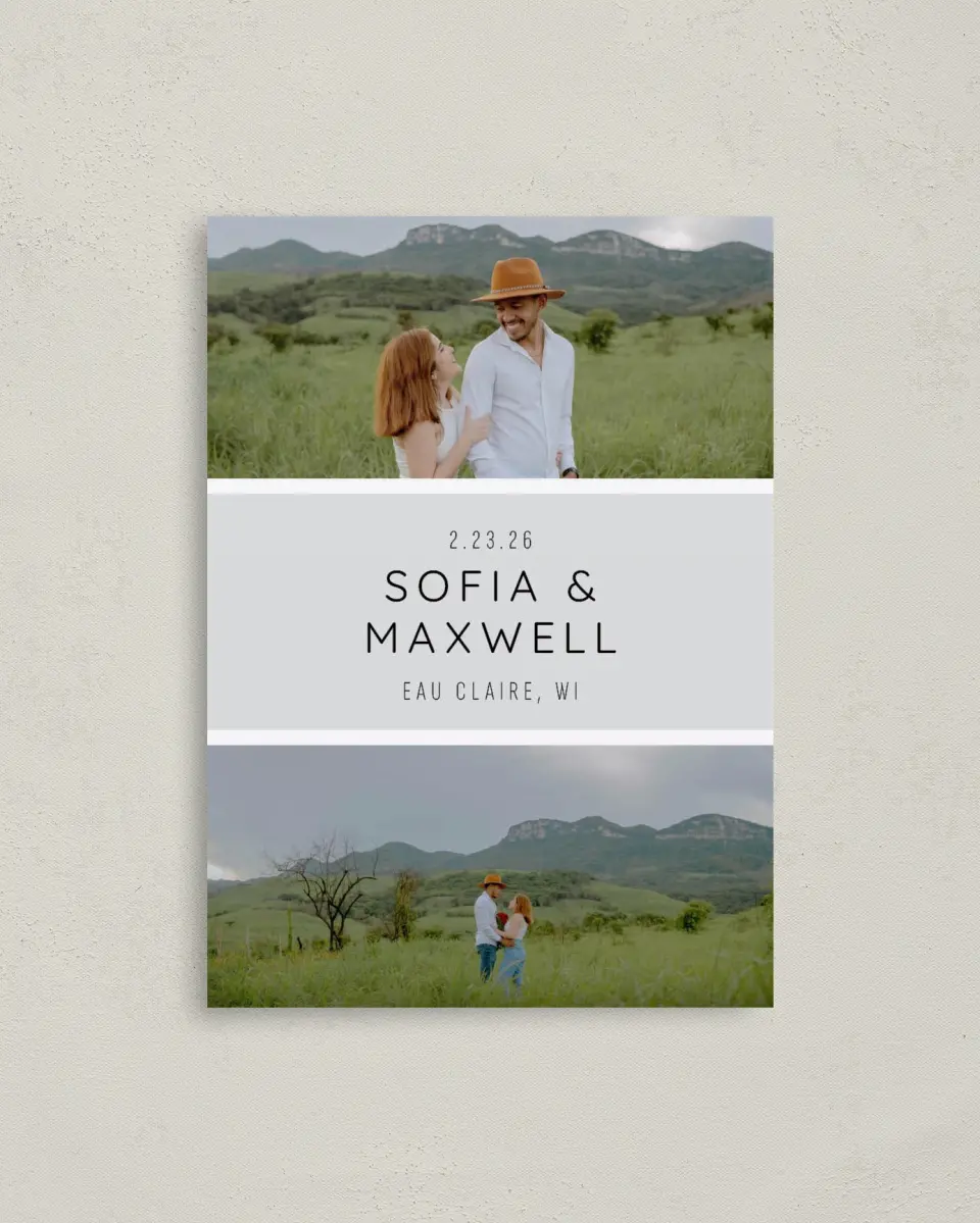 This is a 4" x 5.6" Save the Date Postcard called Splendid Moment printed in full color with Rose Gold foil on Soft Touch Finish paper