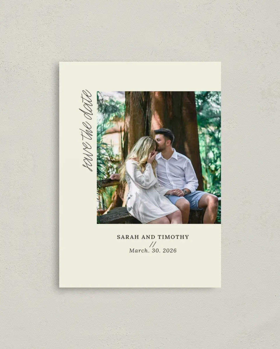 This is a 4" x 5.6" Save the Date Postcard called I Said Yes printed in full color with Rose Gold foil on Soft Touch Finish paper