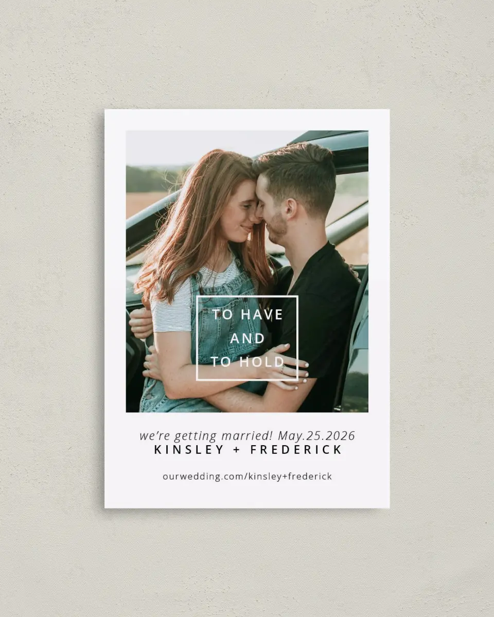 This is a 4" x 5.6" Save the Date Postcard called Committed Vows printed in full color on Soft Touch Finish paper