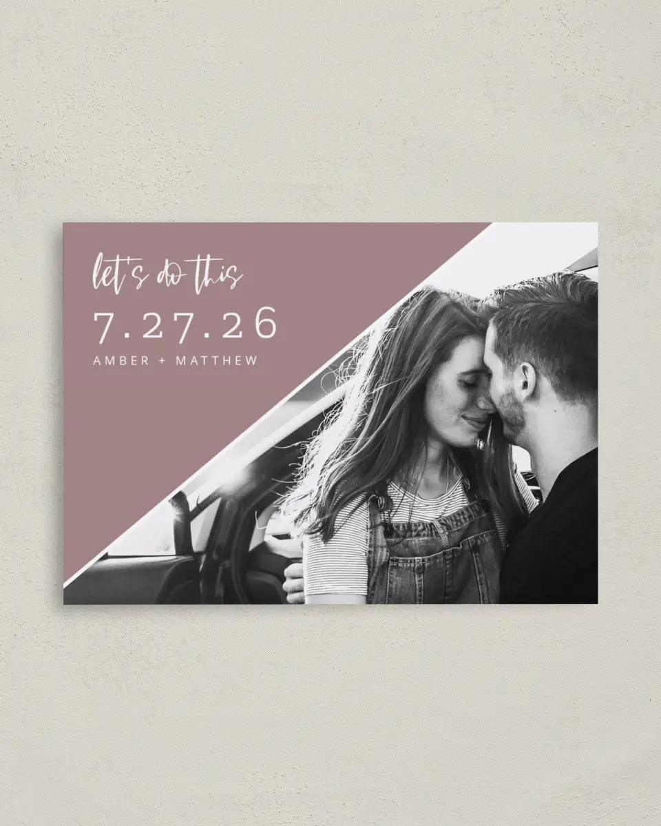 This is a 4" x 5.6" Save the Date Postcard called Love Slant printed in full color on Soft Touch Finish paper