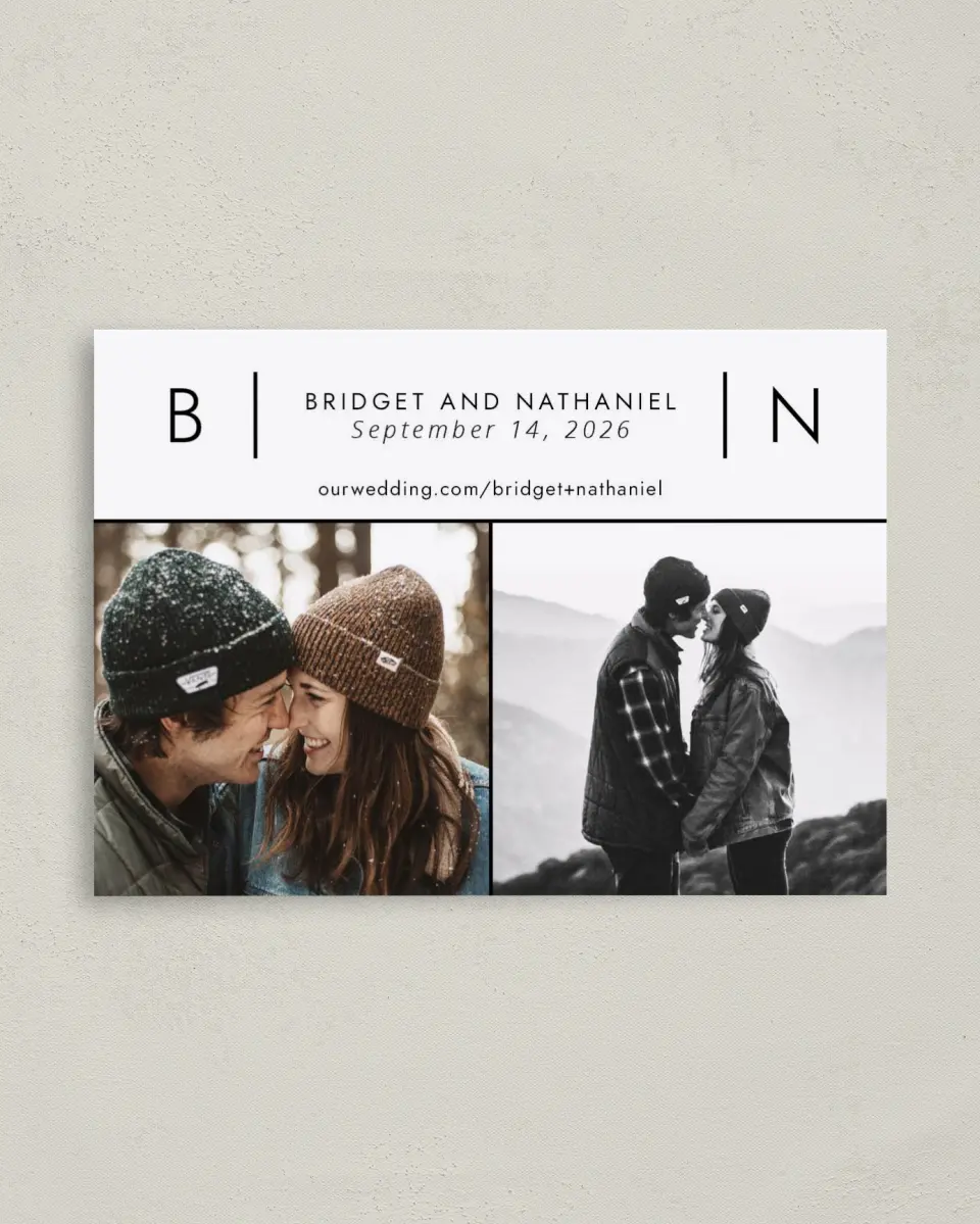 This is a 4" x 5.6" Save the Date Postcard called Ledger of Love printed in full color on Soft Touch Finish paper