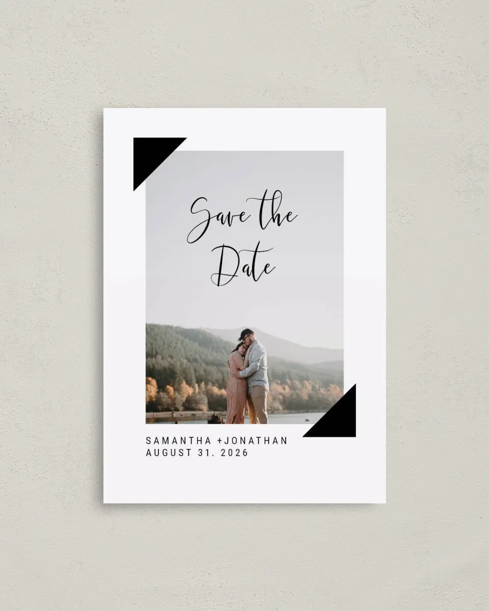 This is a 4" x 5.6" Save the Date Postcard called Love's Cornerstone printed in full color with Rose Gold foil on Soft Touch Finish paper