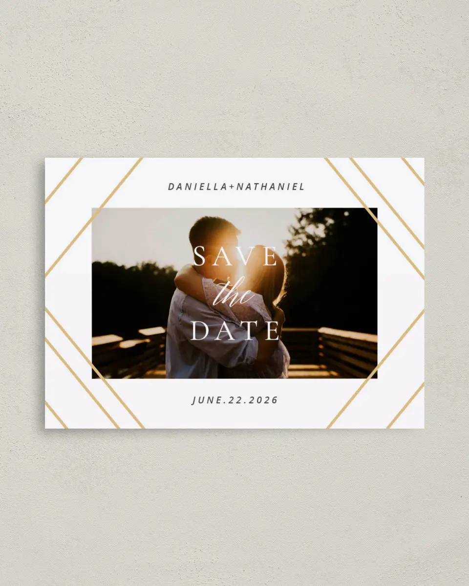 This is a 4" x 5.6" Save the Date Postcard called Enchanted Chapter printed in full color on Soft Touch Finish paper