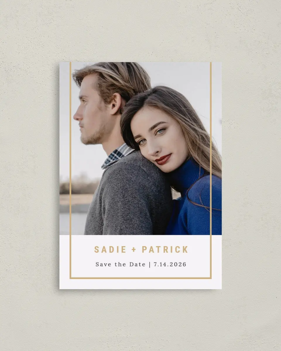 This is a 4" x 5.6" Save the Date Postcard called Forever Bliss printed in full color with Rose Gold foil on Soft Touch Finish paper