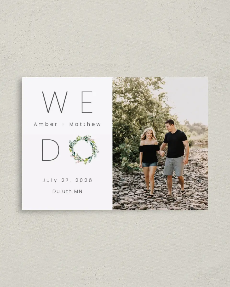 This is a 4" x 5.6" Save the Date Postcard called Love Encircled printed in full color on Soft Touch Finish paper
