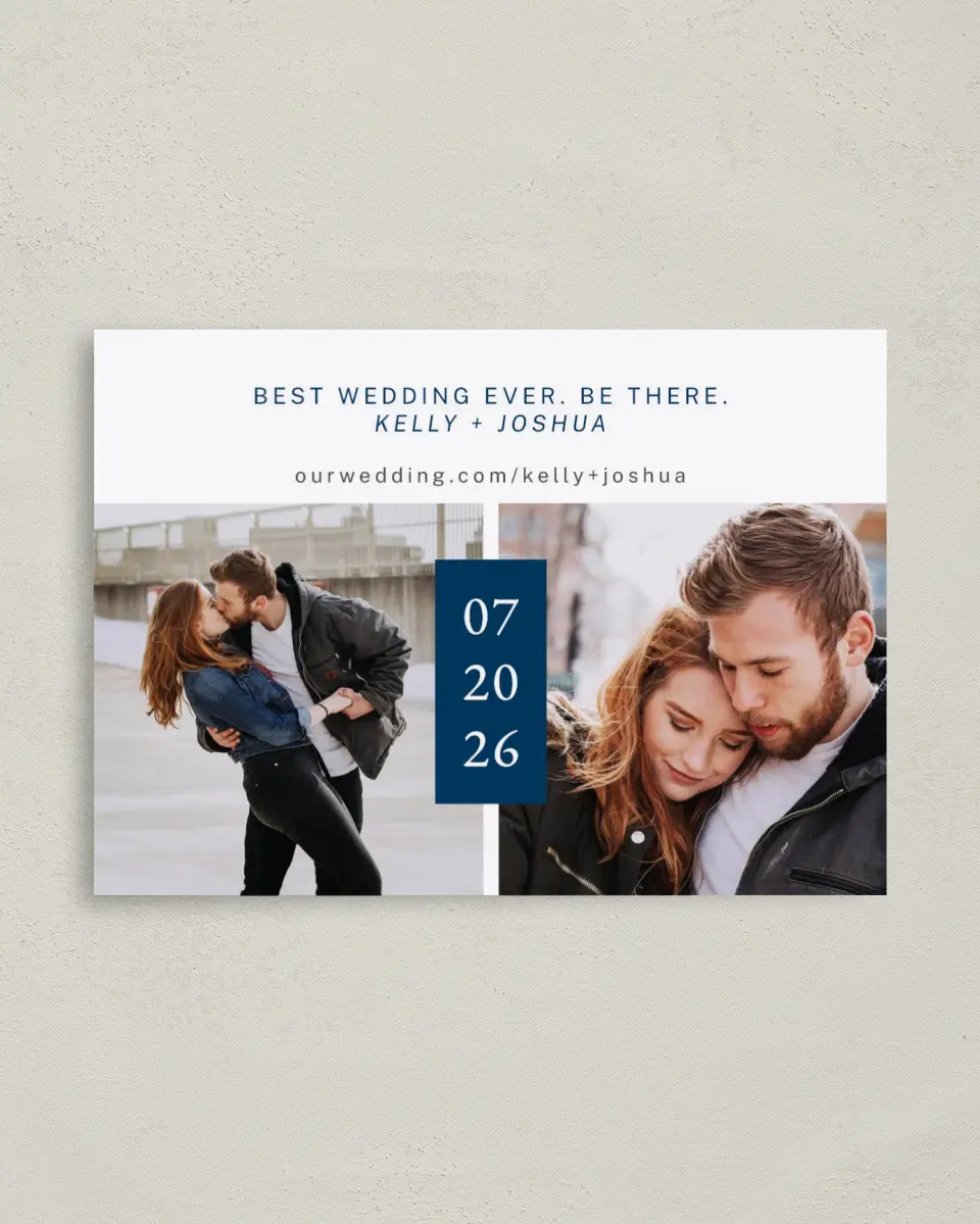This is a 4" x 5.6" Save the Date Postcard called Best Wedding Ever printed in full color on Soft Touch Finish paper
