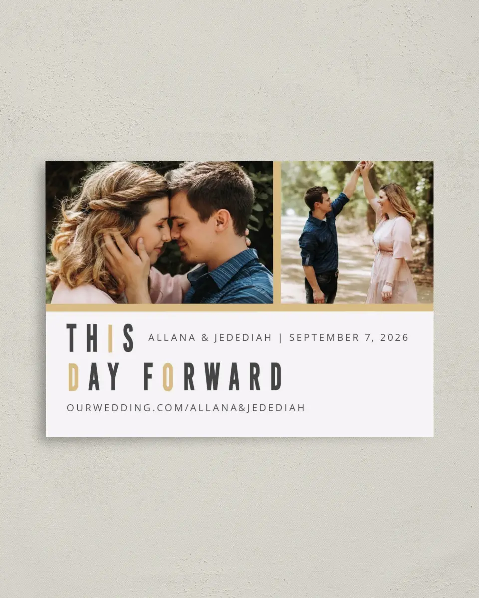 This is a 4" x 5.6" Save the Date Postcard called A Day of I Do's printed in full color on Soft Touch Finish paper