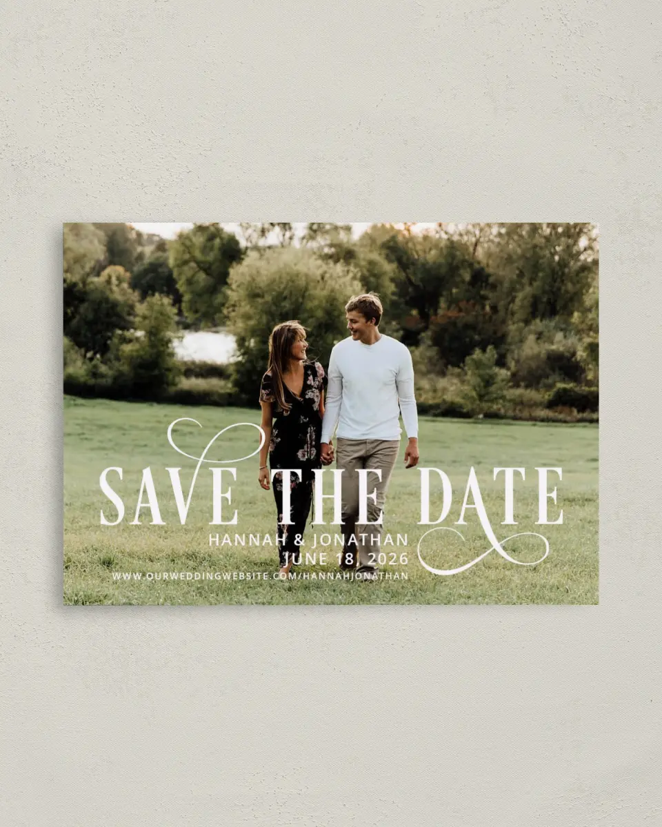 This is a 4" x 5.6" Save the Date Postcard called Love Infinity printed in full color on Soft Touch Finish paper