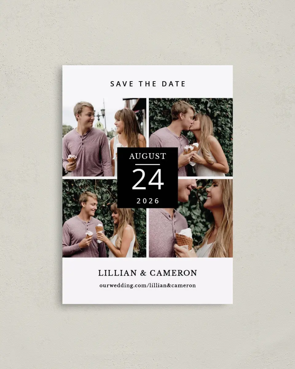 This is a 4" x 5.6" Save the Date Postcard called Framed Four printed in full color on Soft Touch Finish paper
