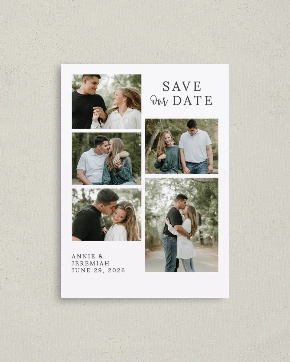 This is a 4" x 5.6" Save the Date Postcard called Sweetly Composed printed in full color on Soft Touch Finish paper