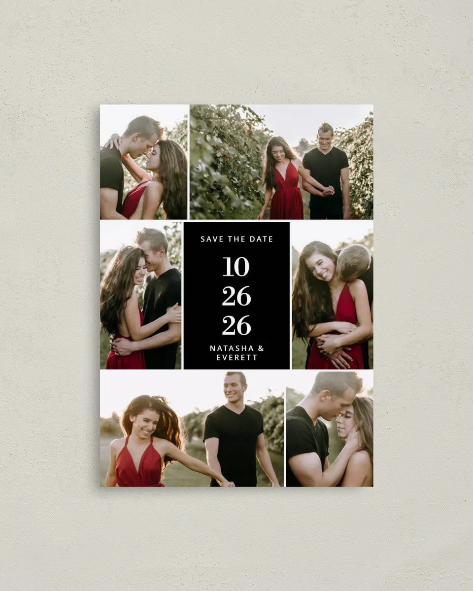 This is a 4" x 5.6" Save the Date Postcard called Multitude Magic printed in full color on Soft Touch Finish paper