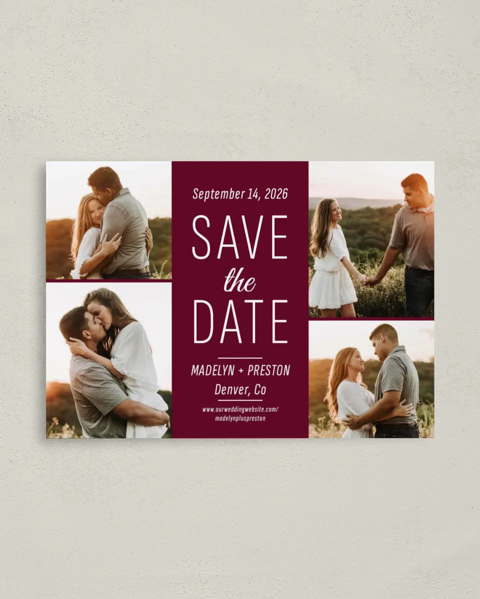 This is a 4" x 5.6" Save the Date Postcard called Romantic Glow printed in full color on Soft Touch Finish paper
