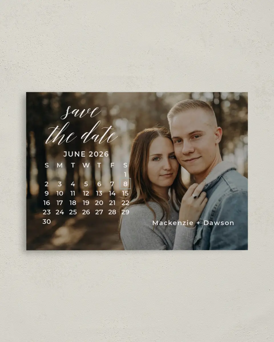 This is a 4" x 5.6" Save the Date Postcard called The Big Date printed in full color on Soft Touch Finish paper