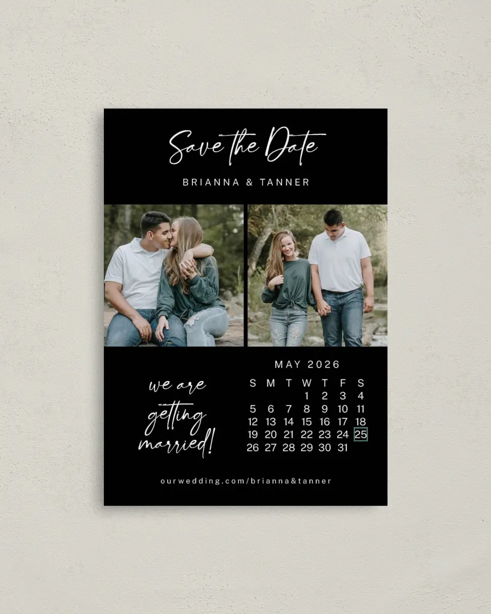 This is a 4" x 5.6" Save the Date Postcard called It's Our Date printed in full color with Rose Gold foil on Soft Touch Finish paper
