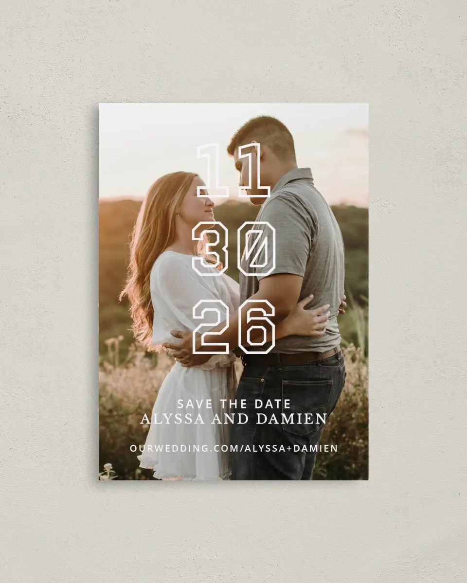 This is a 4" x 5.6" Save the Date Postcard called Simply Stacked printed in full color with Rose Gold foil on Soft Touch Finish paper