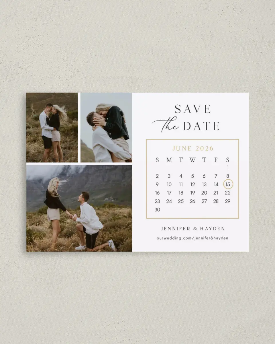This is a 4" x 5.6" Save the Date Postcard called Circle Our Date printed in full color on Soft Touch Finish paper