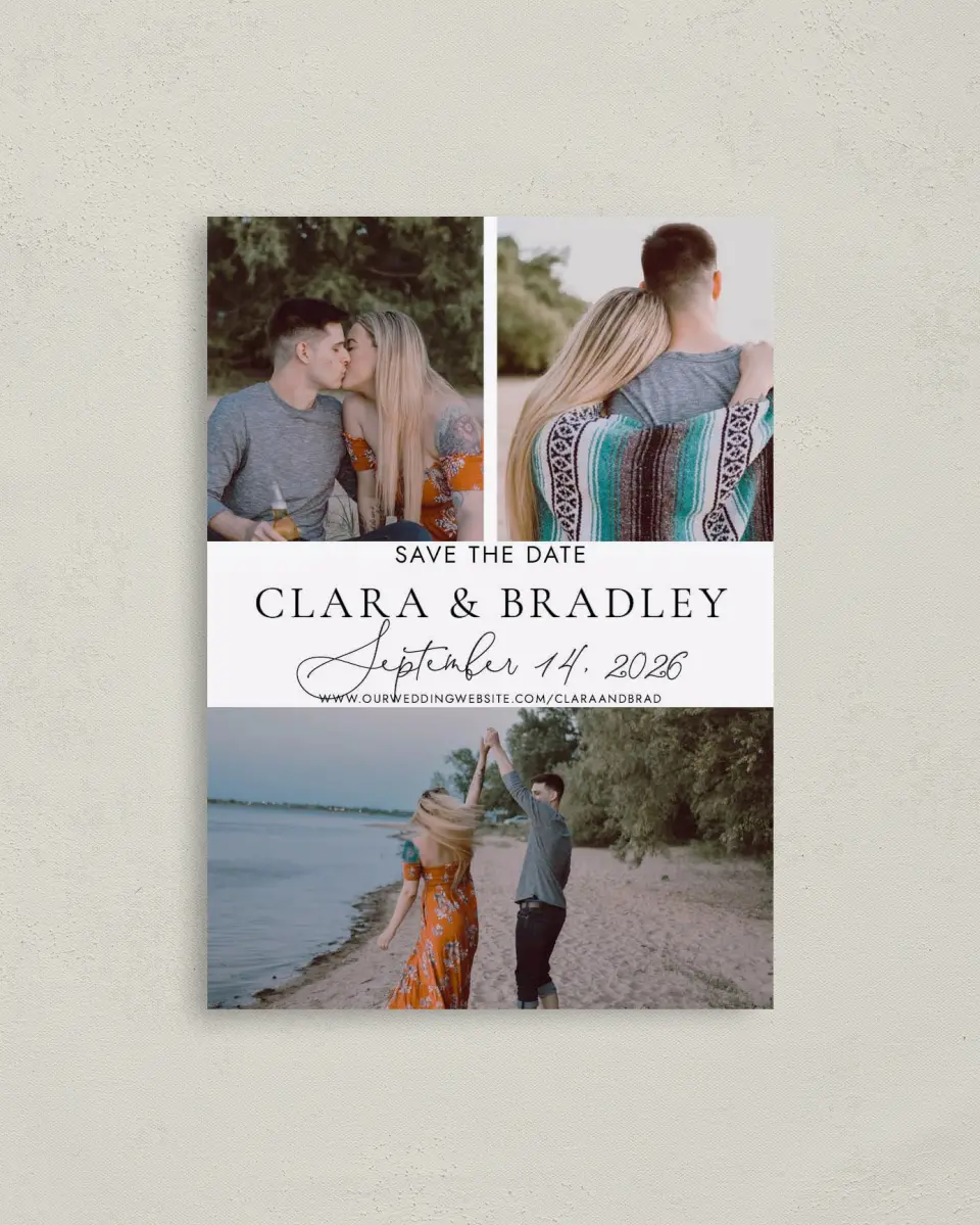 This is a 4" x 5.6" Save the Date Postcard called Chic Intrigue printed in full color with Rose Gold foil on Soft Touch Finish paper
