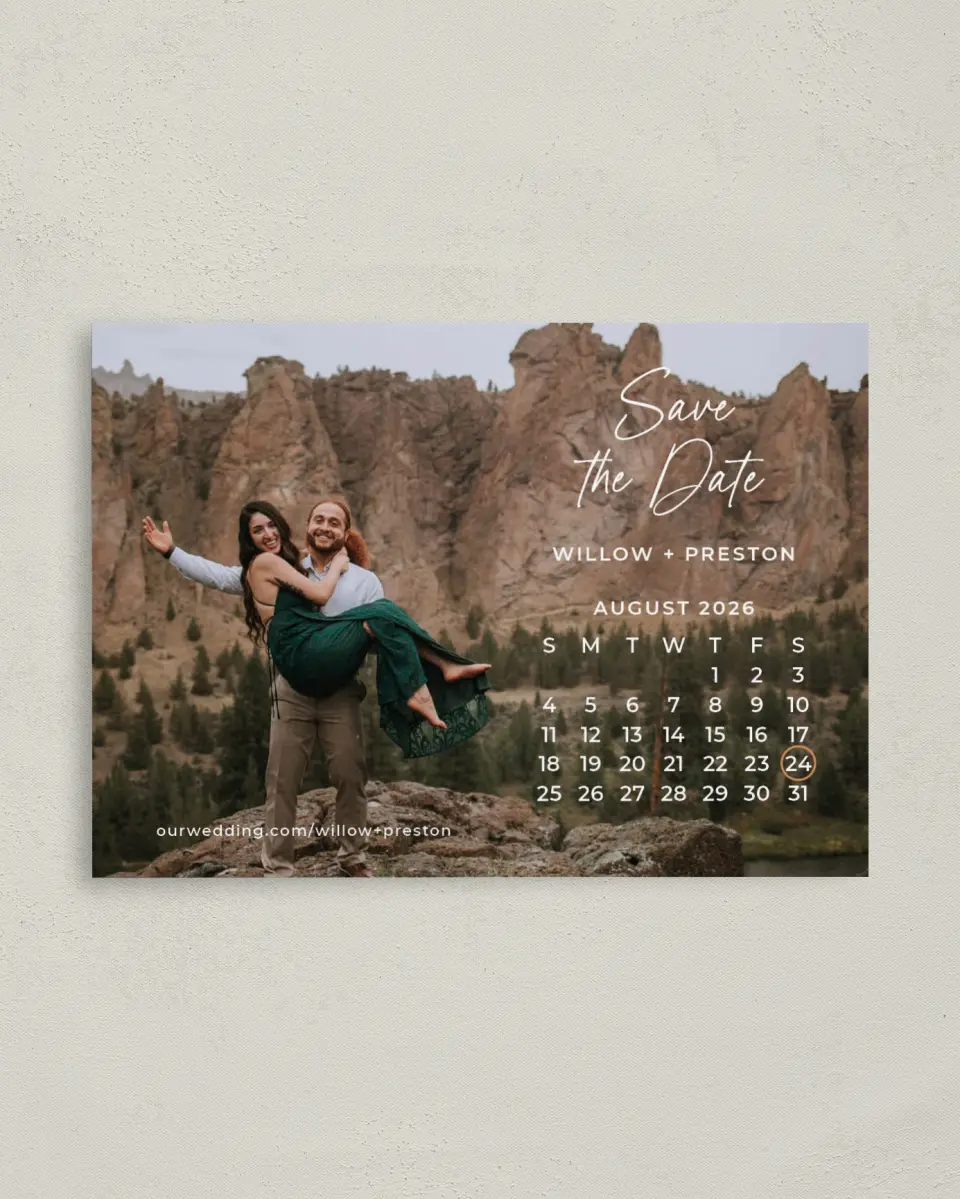 This is a 4" x 5.6" Save the Date Postcard called Delightful Date printed in full color on Soft Touch Finish paper