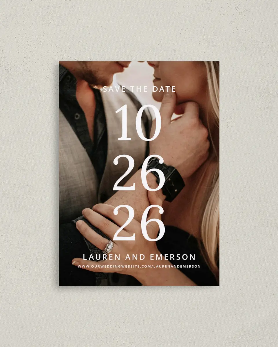 This is a 4" x 5.6" Save the Date Postcard called Stacked Sophisticate printed in full color with Rose Gold foil on Soft Touch Finish paper