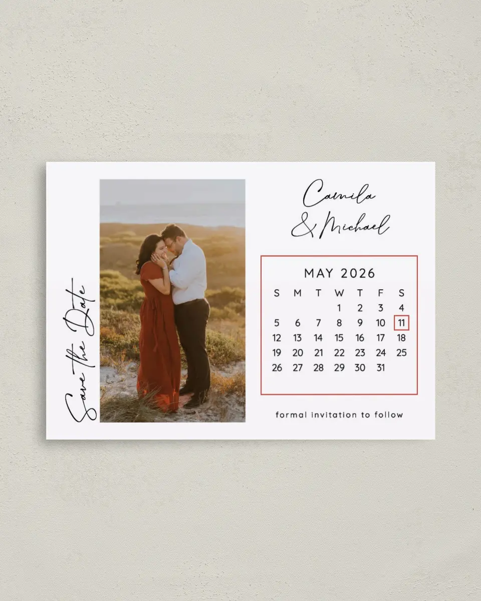 This is a 4" x 5.6" Save the Date Postcard called Date Check printed in full color on Soft Touch Finish paper