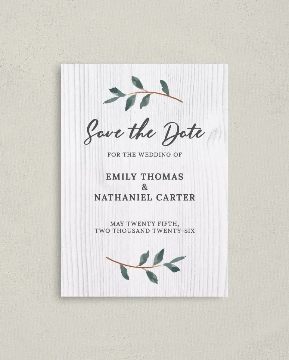 This is a 4" x 5.6" Save the Date Postcard called Brushed Allure printed in full color with Rose Gold foil on Soft Touch Finish paper
