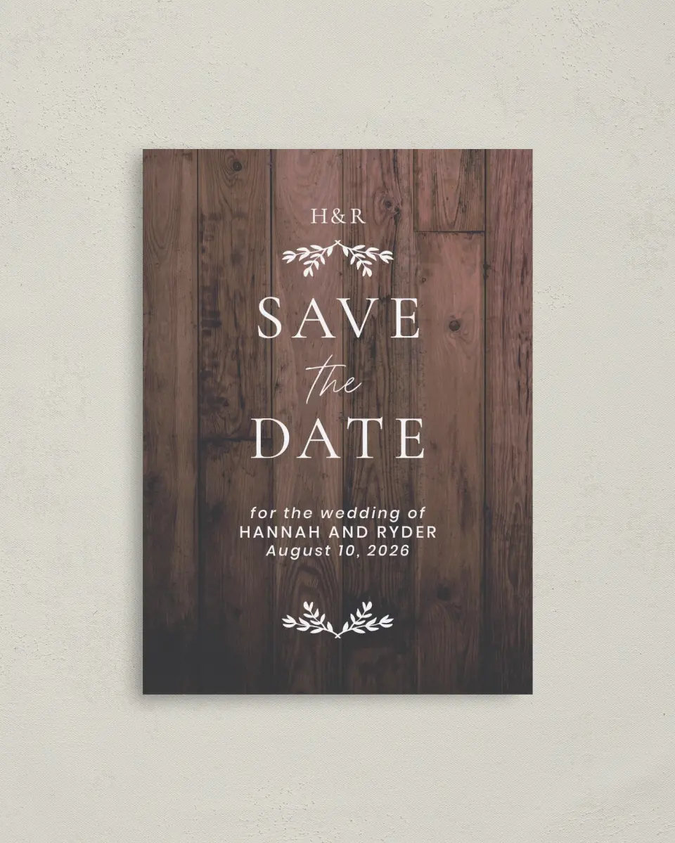 This is a 4" x 5.6" Save the Date Postcard called Rustic Sprigs printed in full color with Rose Gold foil on Soft Touch Finish paper