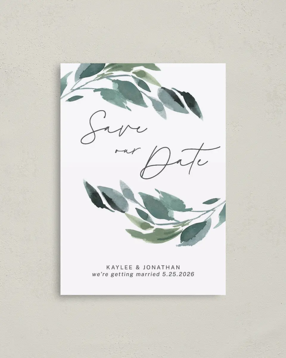 This is a 4" x 5.6" Save the Date Postcard called Gorgeous Greens printed in full color with Rose Gold foil on Soft Touch Finish paper