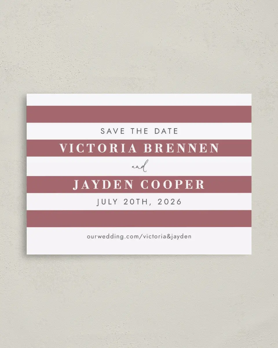 This is a 4" x 5.6" Save the Date Postcard called Striped Savvy printed in full color on Soft Touch Finish paper