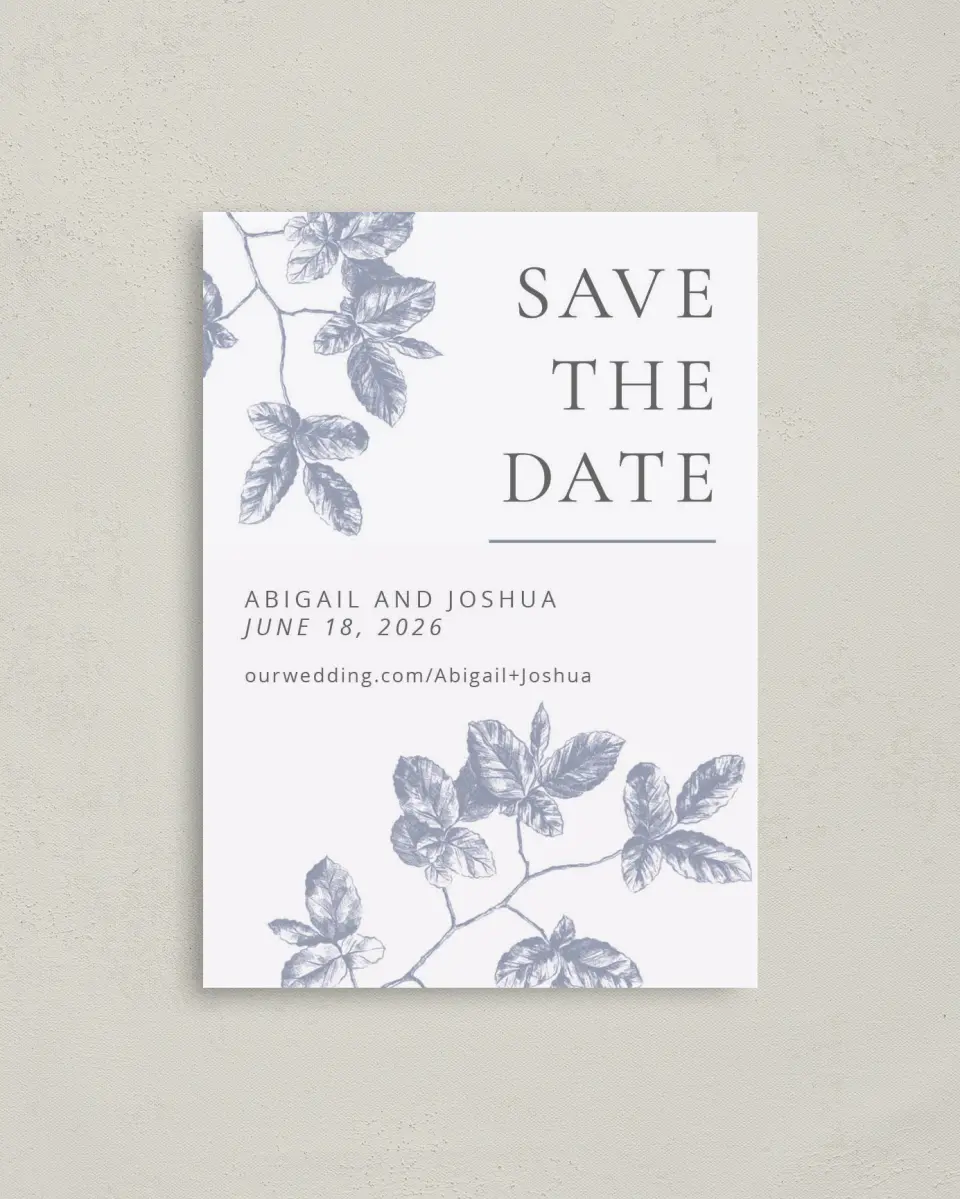 This is a 4" x 5.6" Save the Date Postcard called Leafy Elegance printed in full color on Soft Touch Finish paper