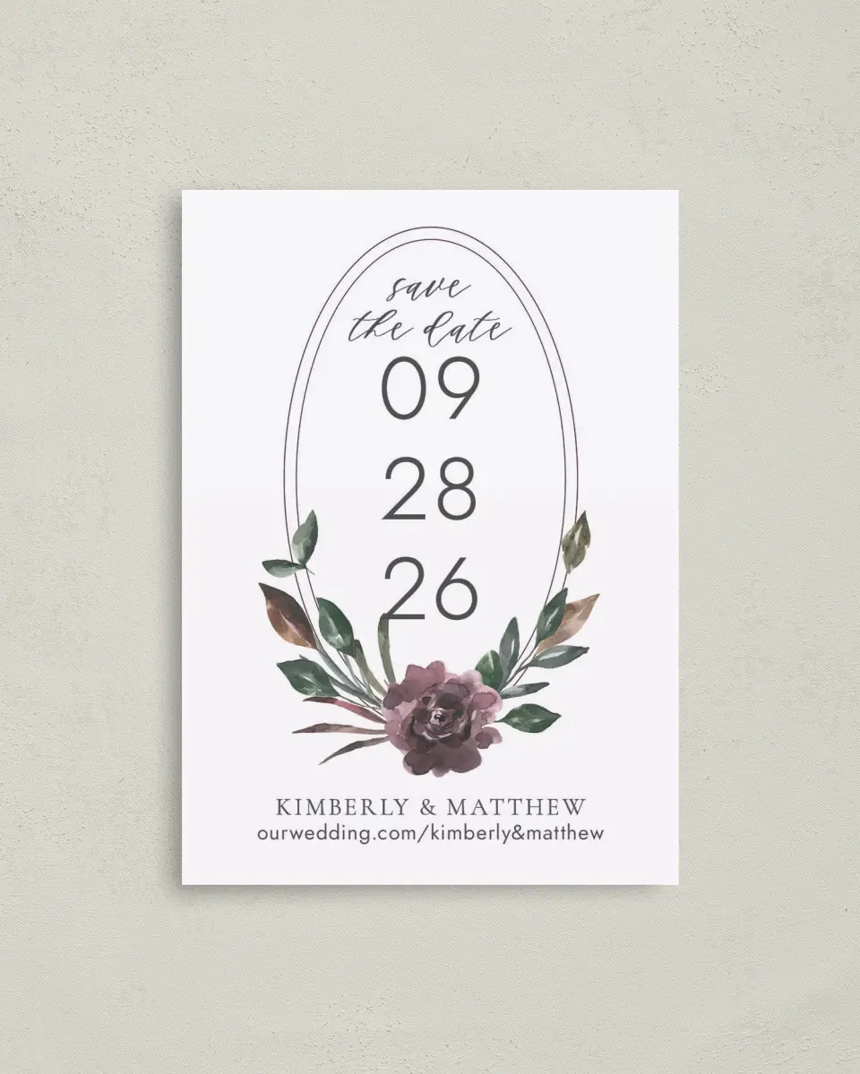 This is a 4" x 5.6" Save the Date Postcard called Hooped Allure printed in full color with Rose Gold foil on Soft Touch Finish paper